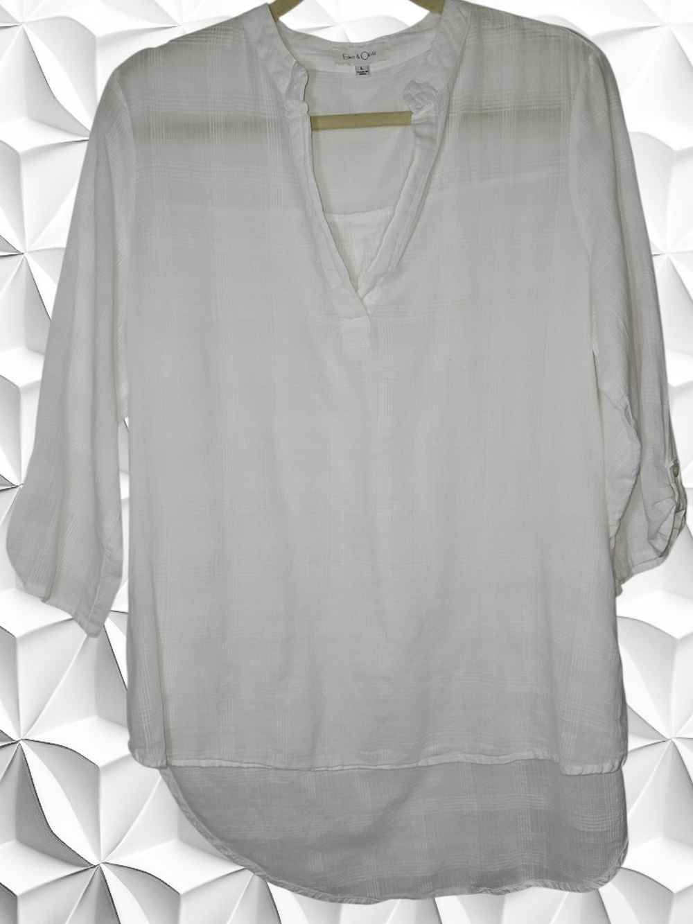 ​Eden & Olivia White 100% Cotton‎ Textured Grid Split V-Neck Blouse Top Size L